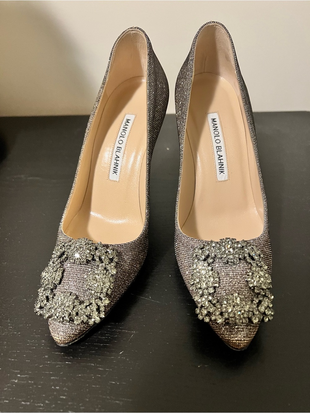 Manolo Blahnik Metallic Silver Crystal-Embellished Pointed Pumps